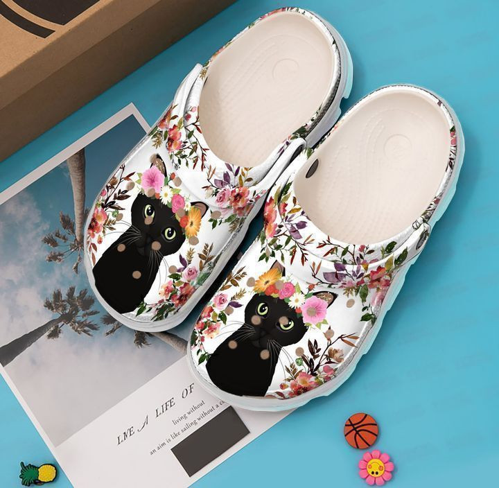 Black Cat Floral Classic Clogs Shoes