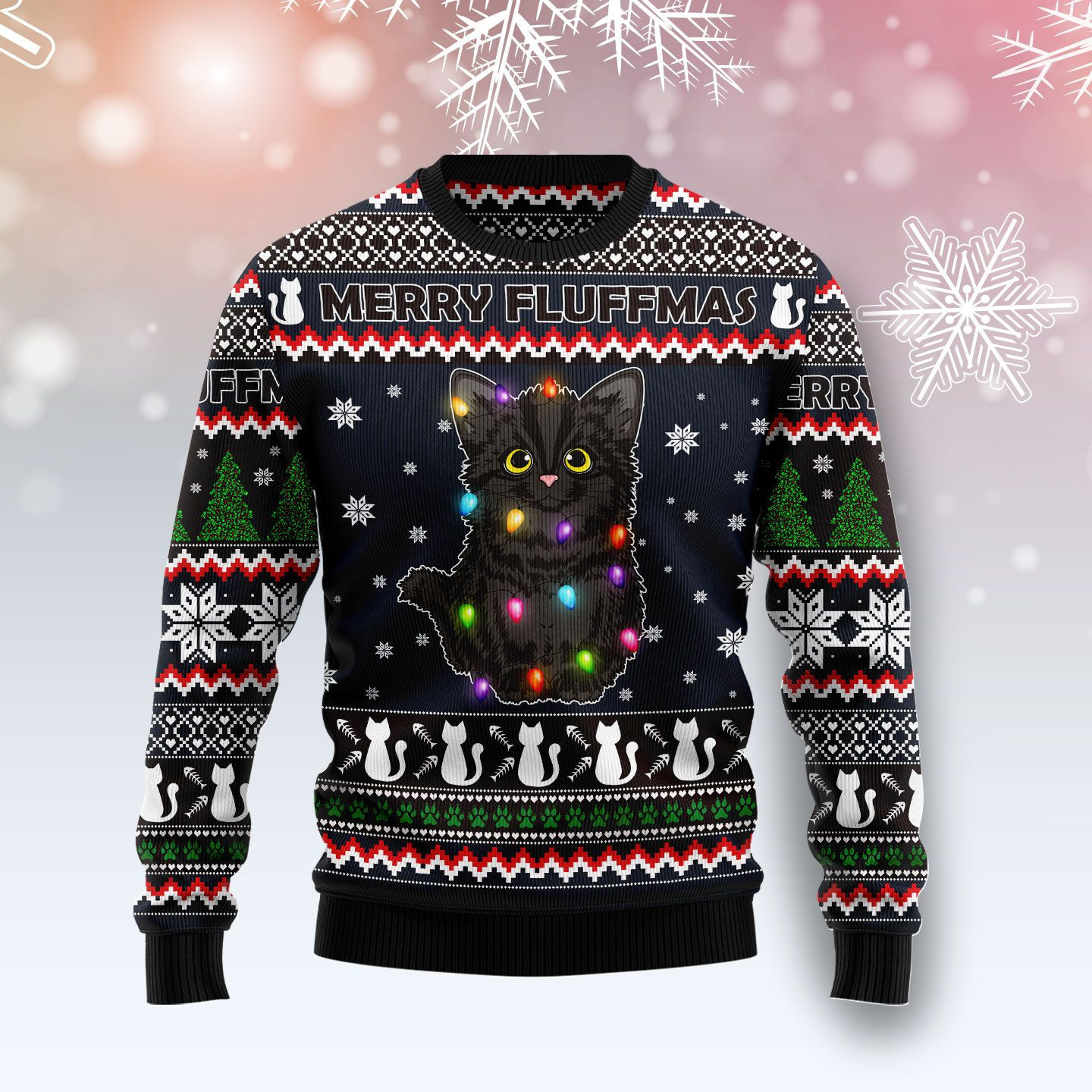 Black Cat Fluffmas Ugly Christmas Sweater Adult 3D Funny Matching for family
