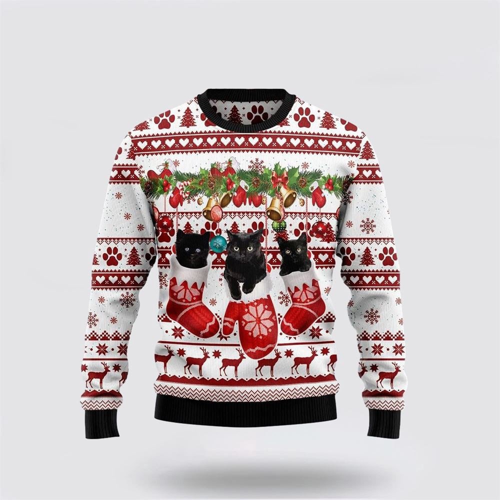 Black Cat Gloves Merry Christmas Funny Family Ugly Christmas Sweater Unisex