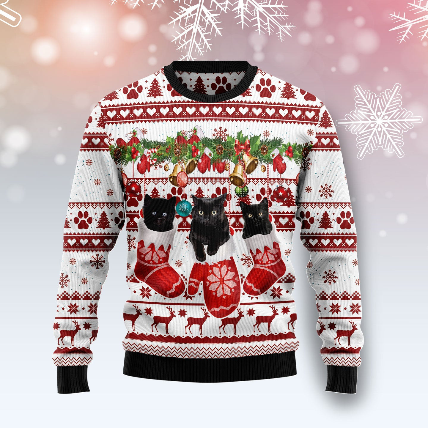 Black Cat Gloves Merry Christmas Ugly Christmas Sweater