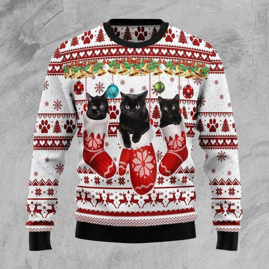 Black Cat Gloves Ugly Christmas Sweater Adult 3D Funny Matching for family