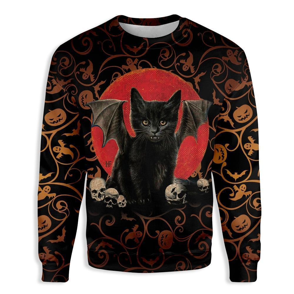 Black Cat Halloween Ugly Christmas Sweater Adult 3D Funny Matching for family