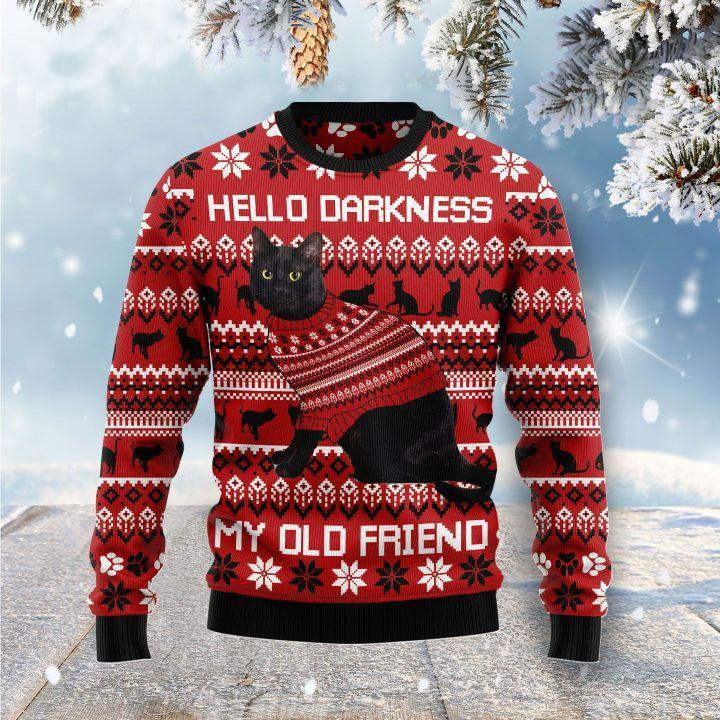 Black Cat Hello Darkness My Old Friend Ugly Christmas Sweater Adult 3D Funny Matching for family