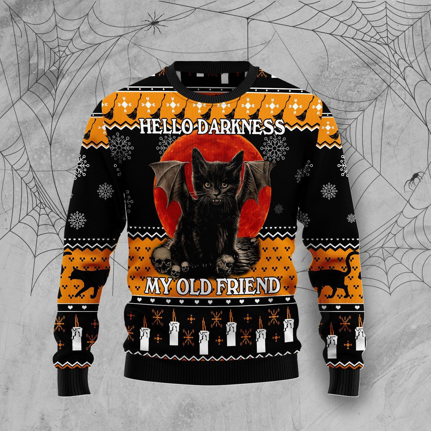 Black Cat Hello Darkness Ugly Christmas Sweater Adult 3D Funny Matching for family