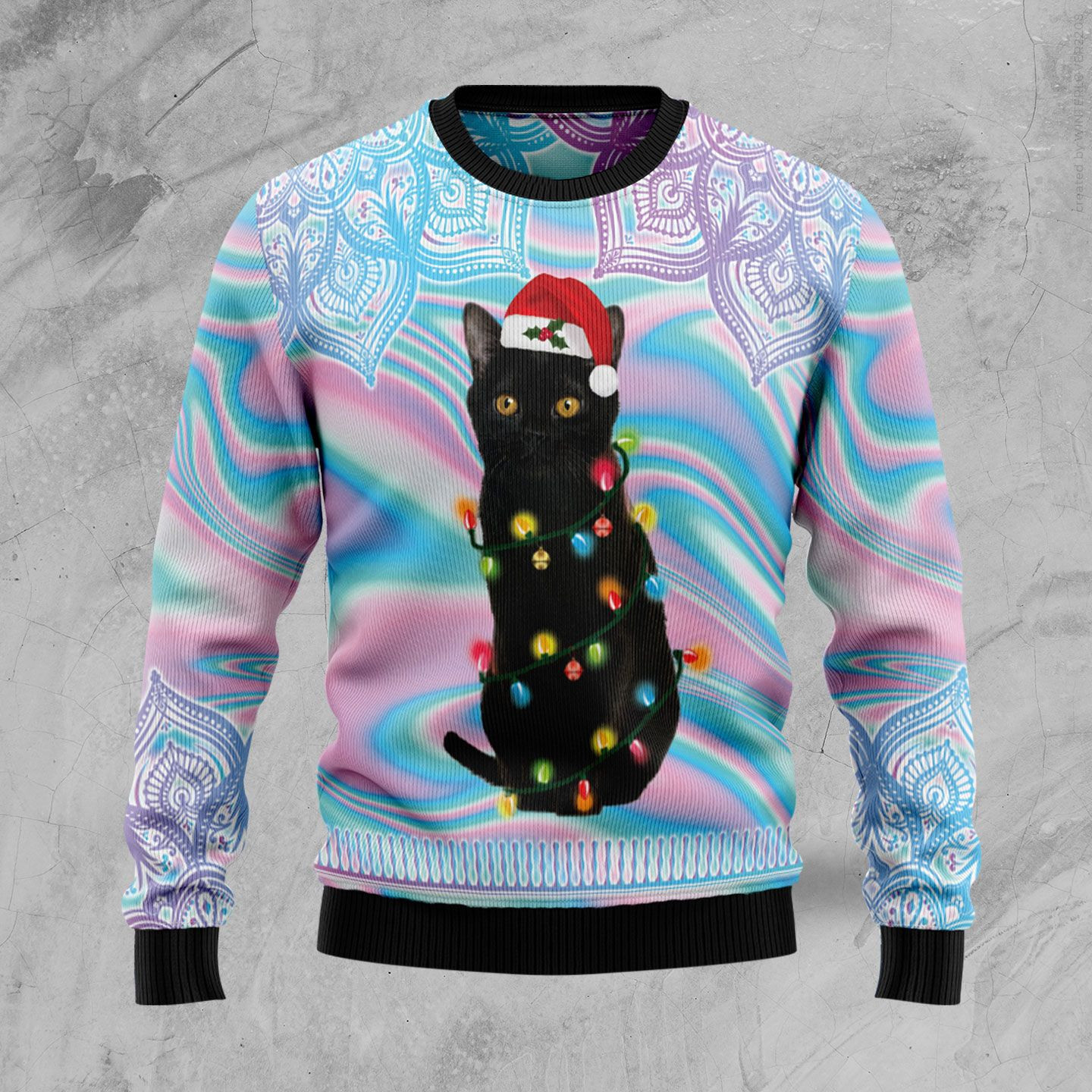 Black Cat Hologram Pattern Ugly Christmas Sweater Adult 3D Funny Matching for family