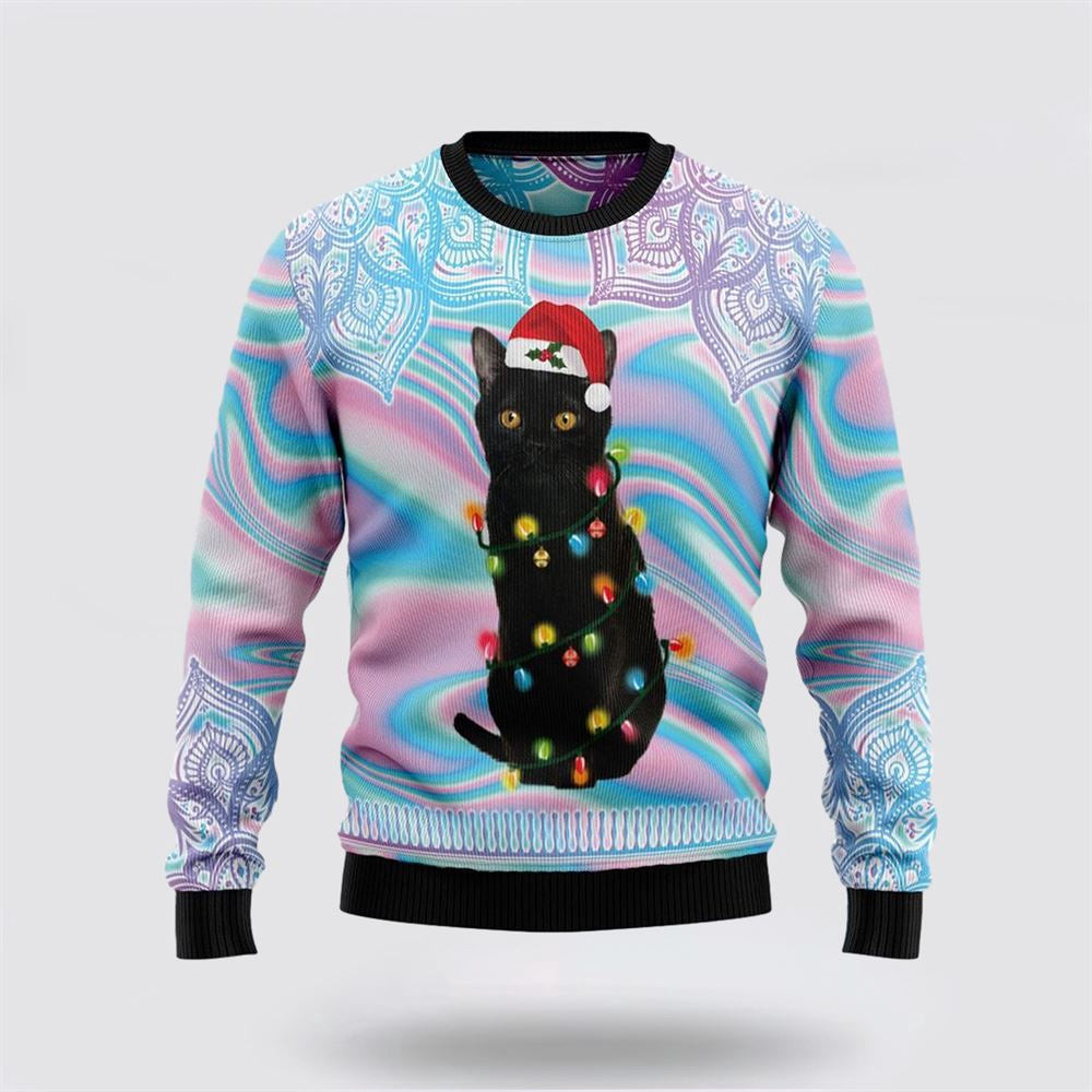 Black Cat Hologram Pattern Ugly Christmas Sweater Unisex Funny Christmas Sweater