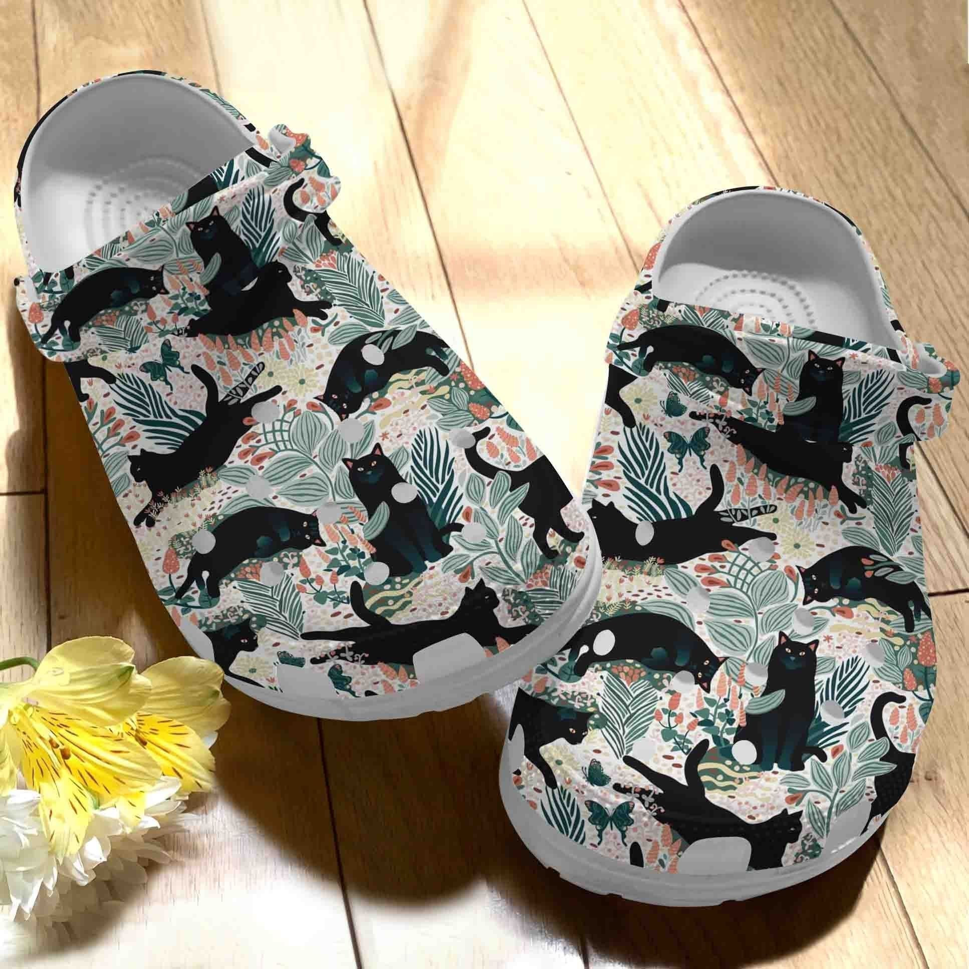 Black Cat In The Garden Floral Cute Vintage Shoes - Funny Animal clog Birthday Gift