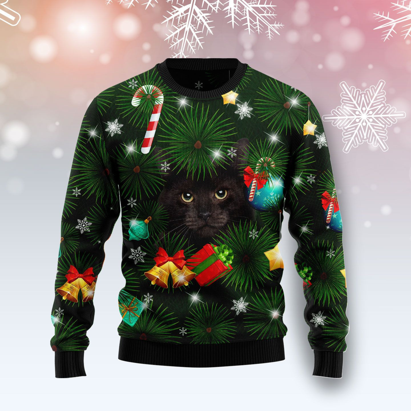 Black Cat Inside Tree Ugly Christmas Sweater Adult 3D Funny Matching for family