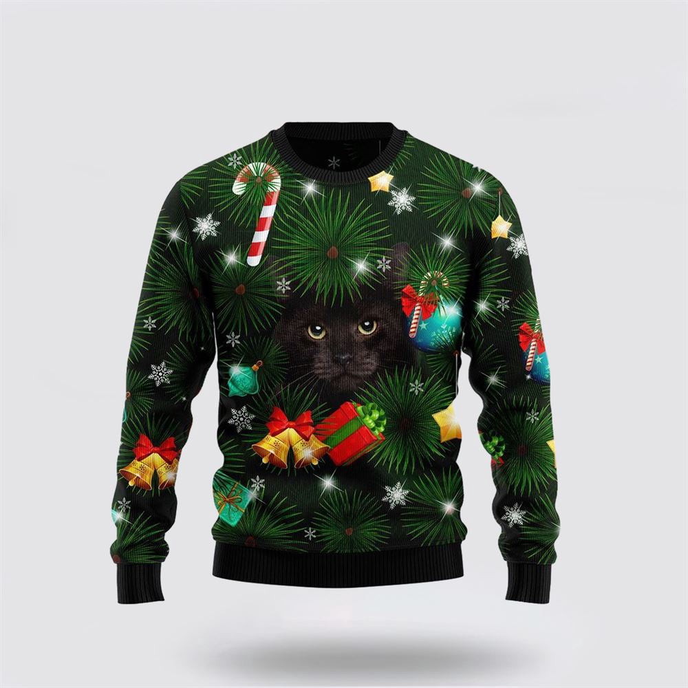 Black Cat Inside Tree Ugly Christmas Sweater Unisex Funny Christmas Sweater