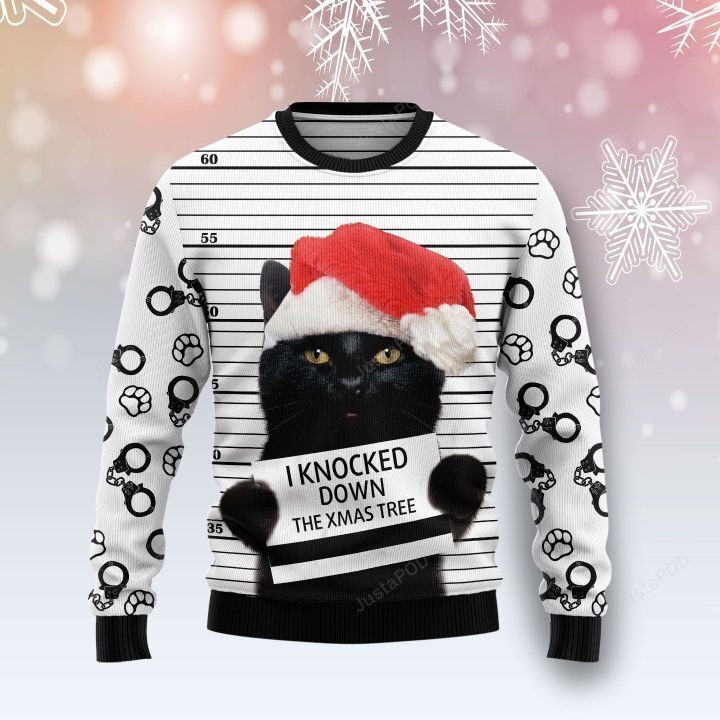 Black Cat Knocked Down Ugly Christmas Sweater Adult 3D Funny Matching for family