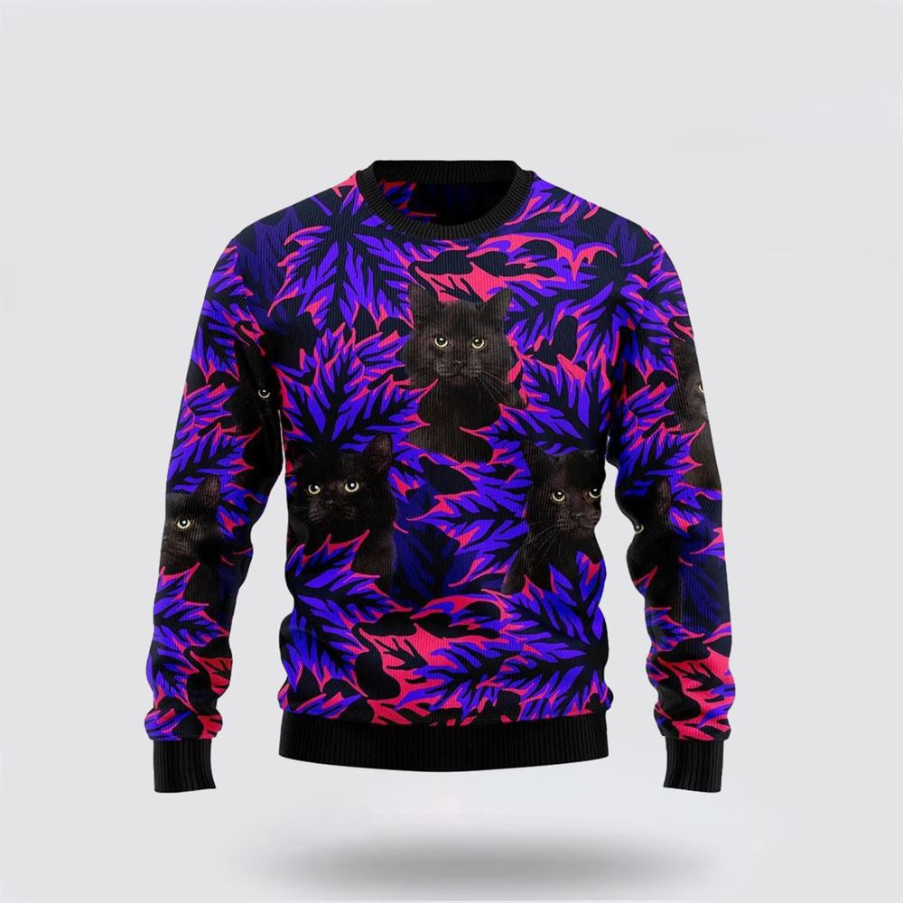 Black Cat Leaves Funny Family Ugly Christmas Sweater Unisex
