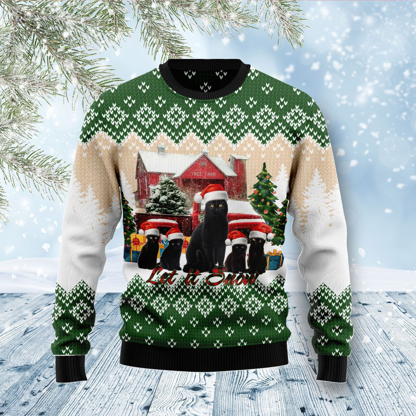 Black Cat Let It Snow Ugly Christmas Sweater Adult 3D Funny Matching for family