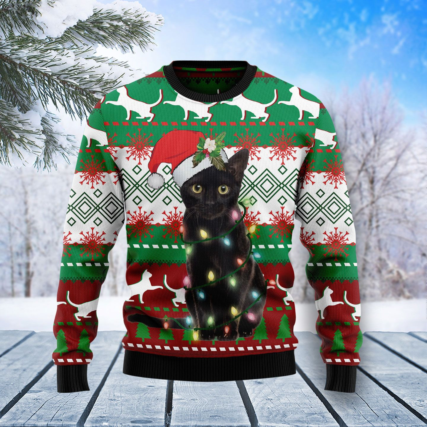 Black Cat Light Christmas Ugly Christmas Sweater Adult 3D Funny Matching for family