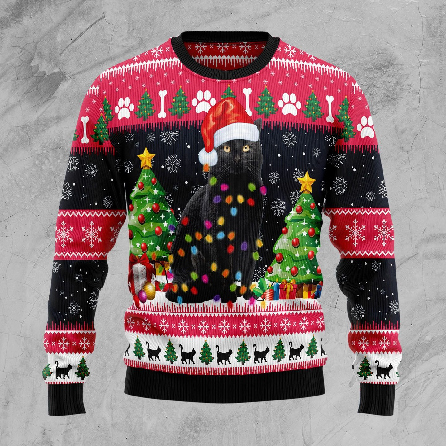 Black Cat Light Ugly Christmas Sweater Adult 3D Funny Matching for family