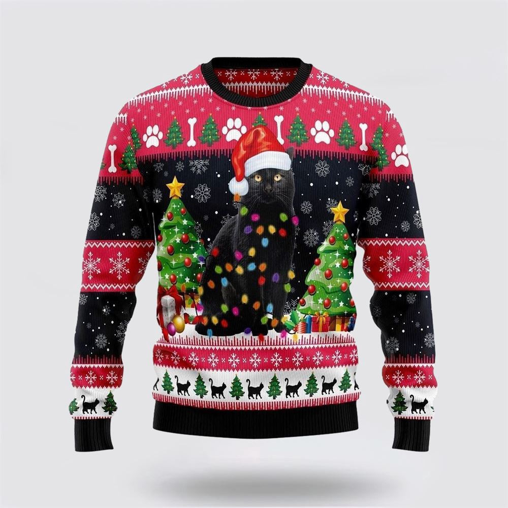 Black Cat Light Ugly Christmas Sweater Unisex Funny Christmas Sweater