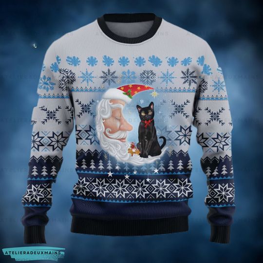 Black Cat Love Santa Moon Ugly Christmas Sweater, Xmas Lover Ugly Sweatshirt - Image 3