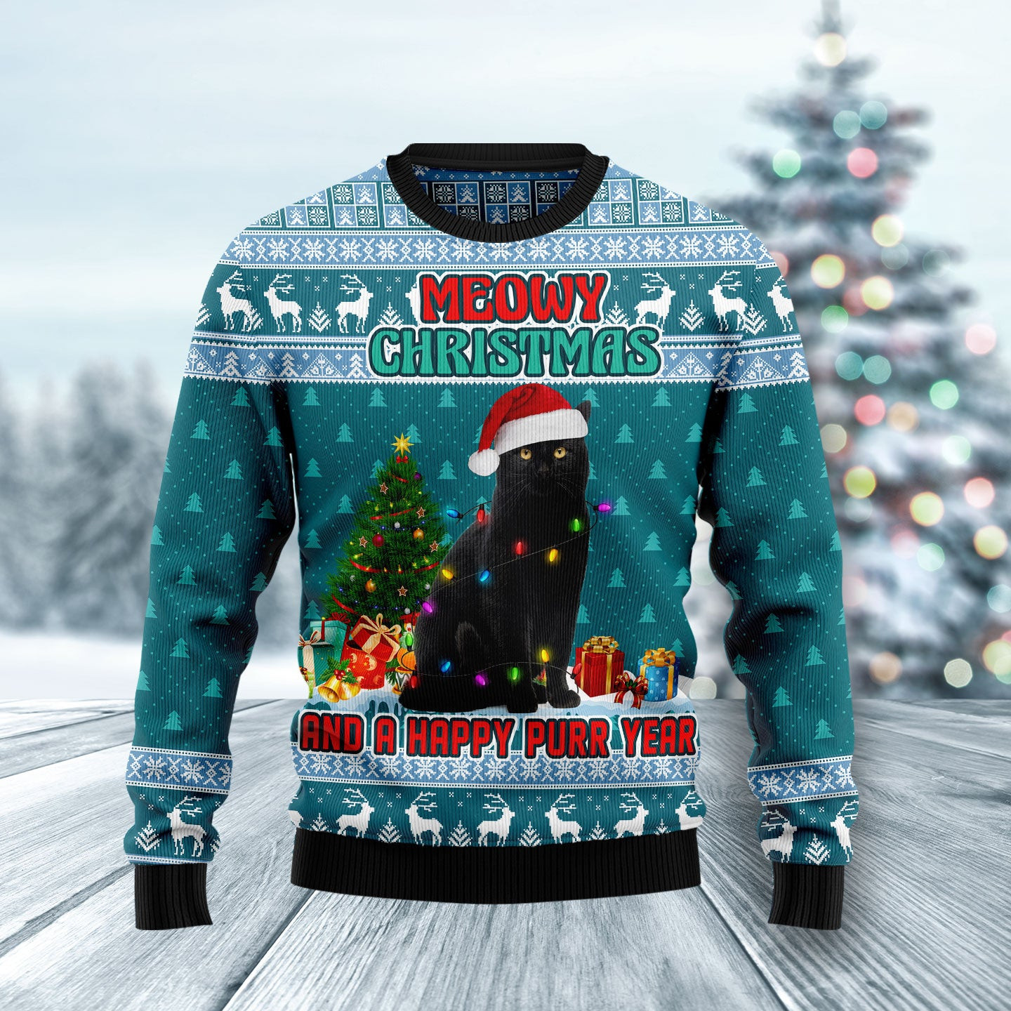 Black Cat Meomy Christmas And Happy Purr Year Ugly Christmas Sweater