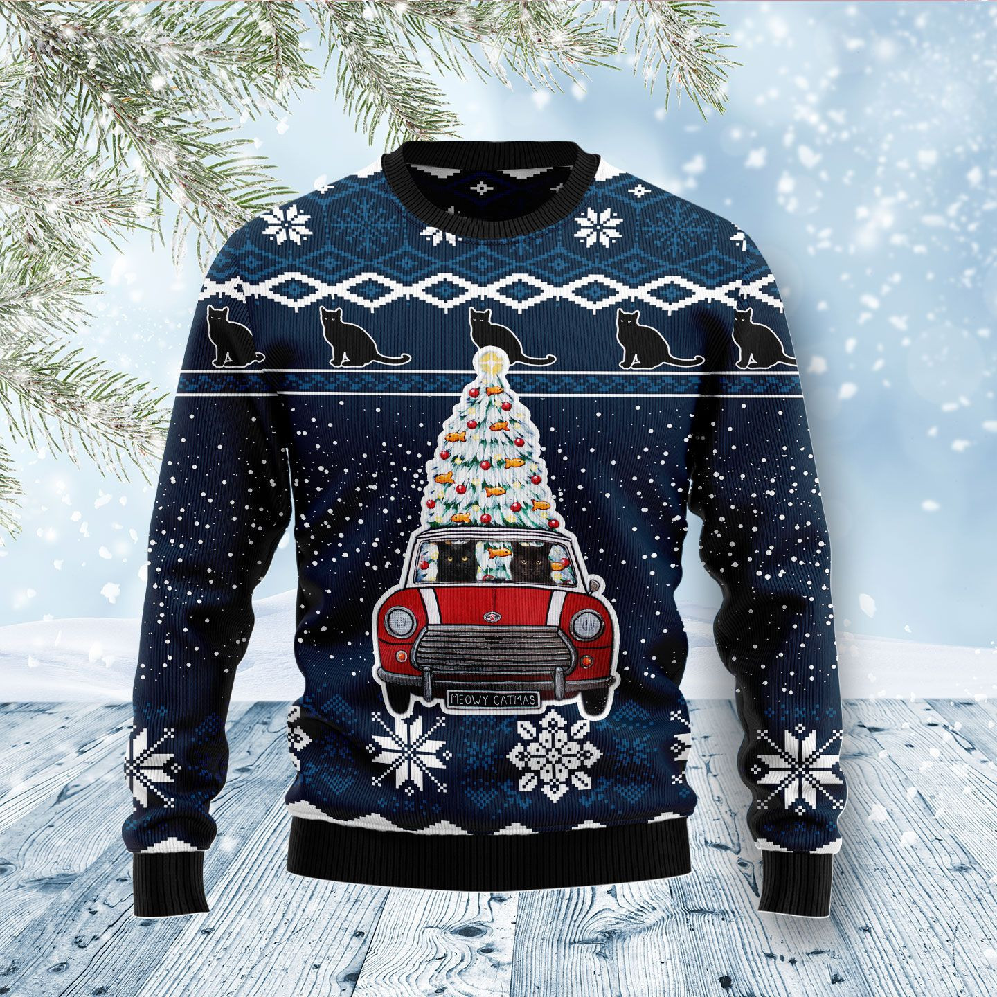 Black Cat Meowy Catmas Ugly Christmas Sweater Adult 3D Funny Matching for family