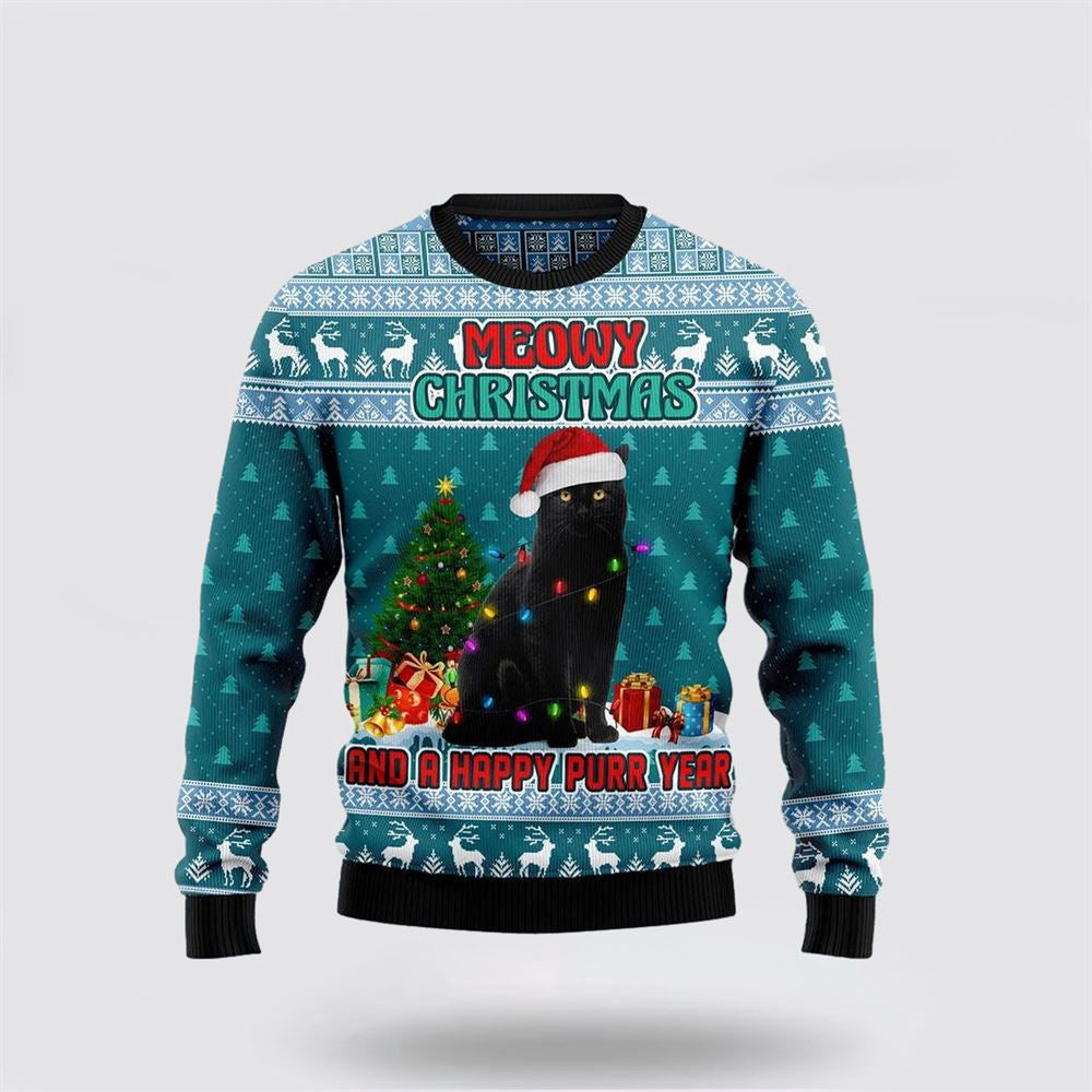 Black Cat Meowy Christmas And A Happy Purr Year Ugly Christmas Sweater Unisex Funny Christmas Sweater