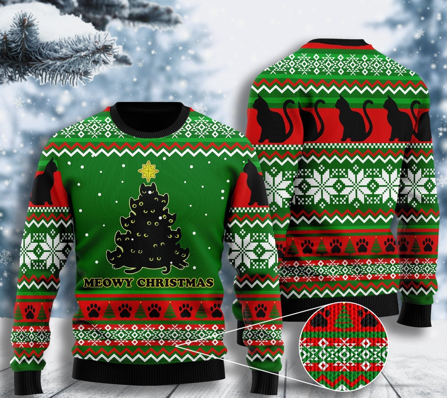 Black Cat Meowy Christmas Tree Ugly Christmas Sweater Adult 3D Funny Matching for family