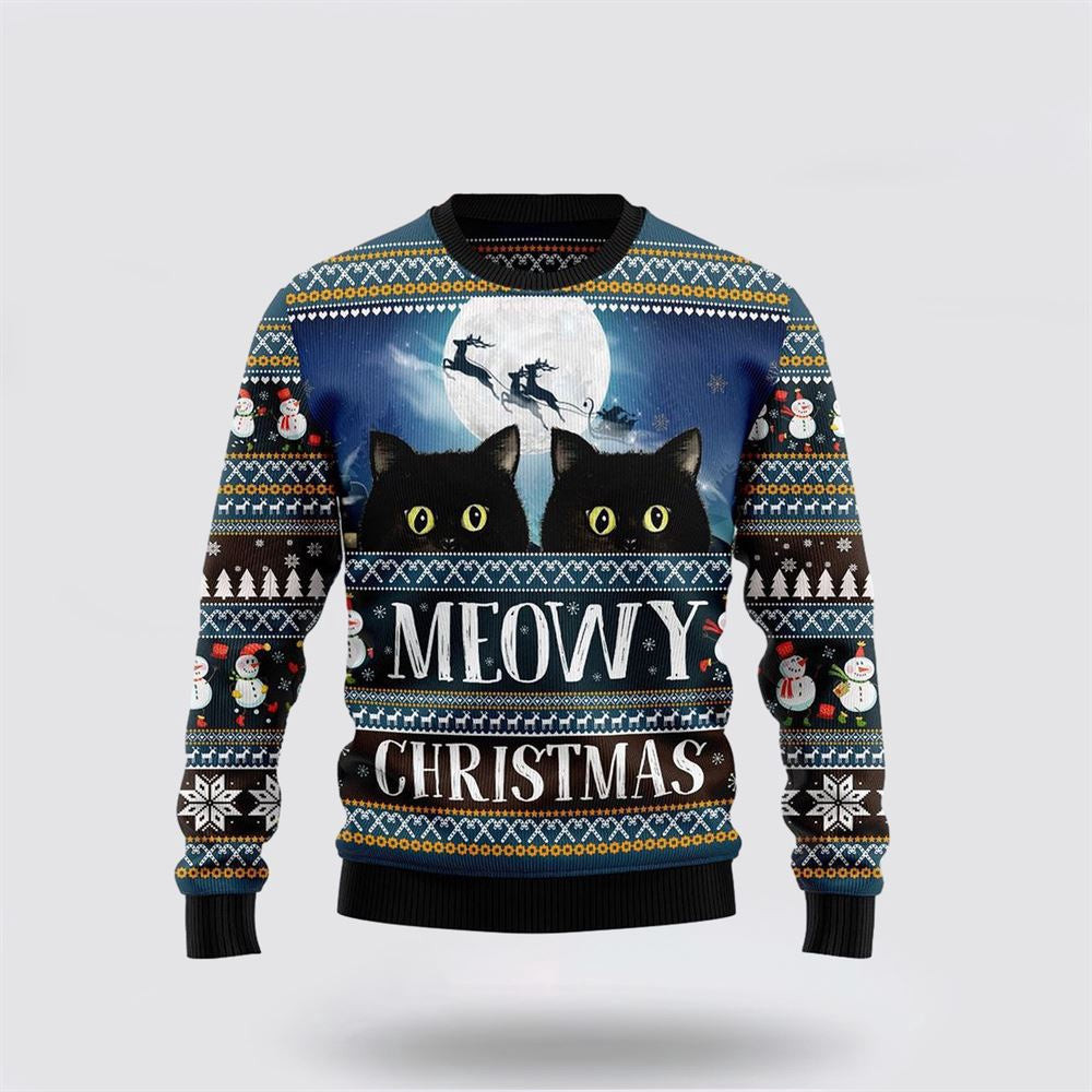 Black Cat Meowy Christmas Ugly Christmas Sweater Unisex Funny Christmas Sweater