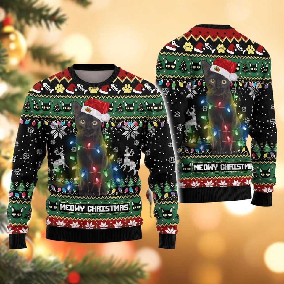 Black Cat Meowy Christmas Ugly Sweater, Cat Lights Santa Hat Xmas