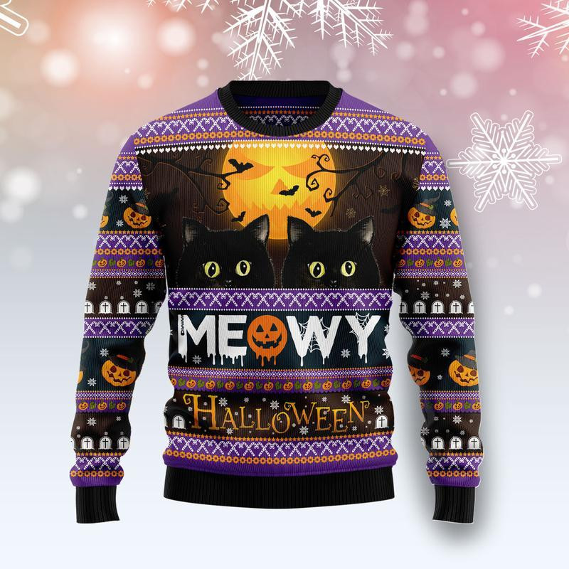 Black Cat Meowy Halloween Ugly Christmas Sweater Adult 3D Funny Matching for family