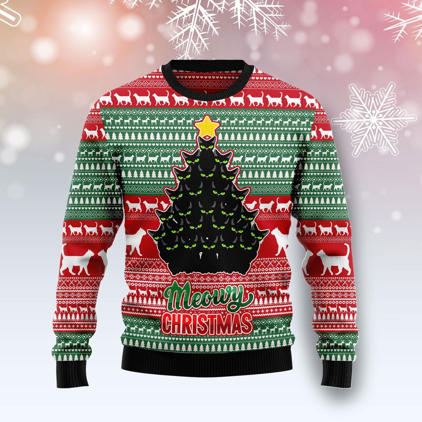 Black Cat Meowy Ugly Christmas Sweater Adult 3D Funny Matching for family