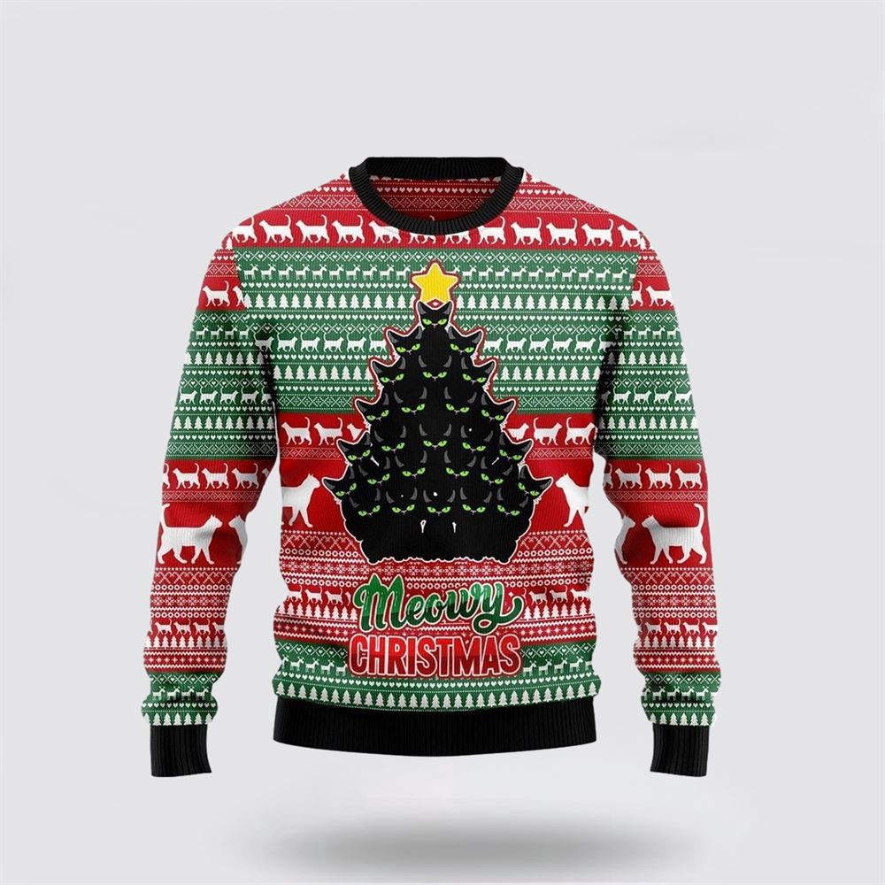 Black Cat Meowy Ugly Christmas Sweater Unisex Funny Christmas Sweater