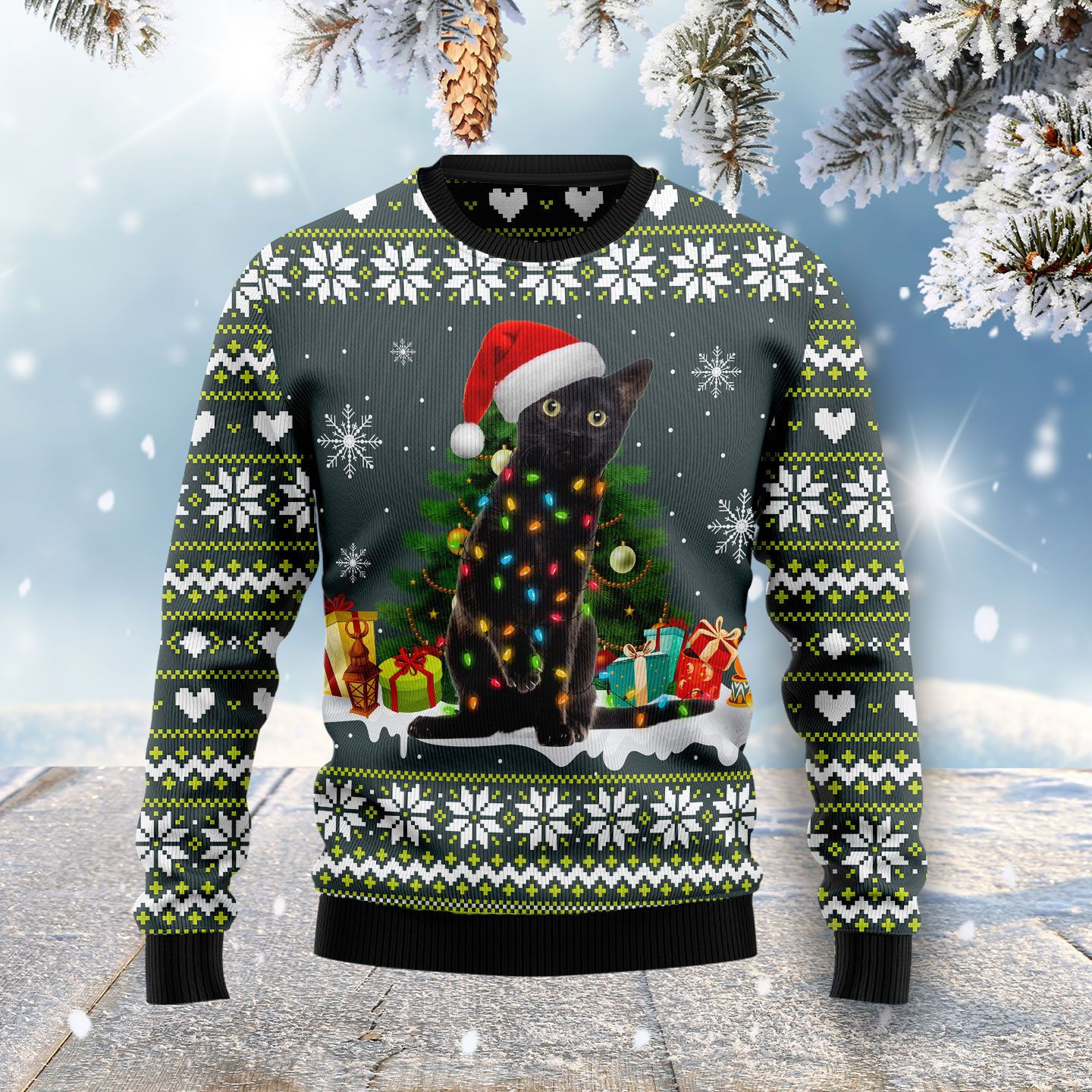Black Cat Merry And Bright Ugly Christmas Sweater Adult 3D Funny Matching for family