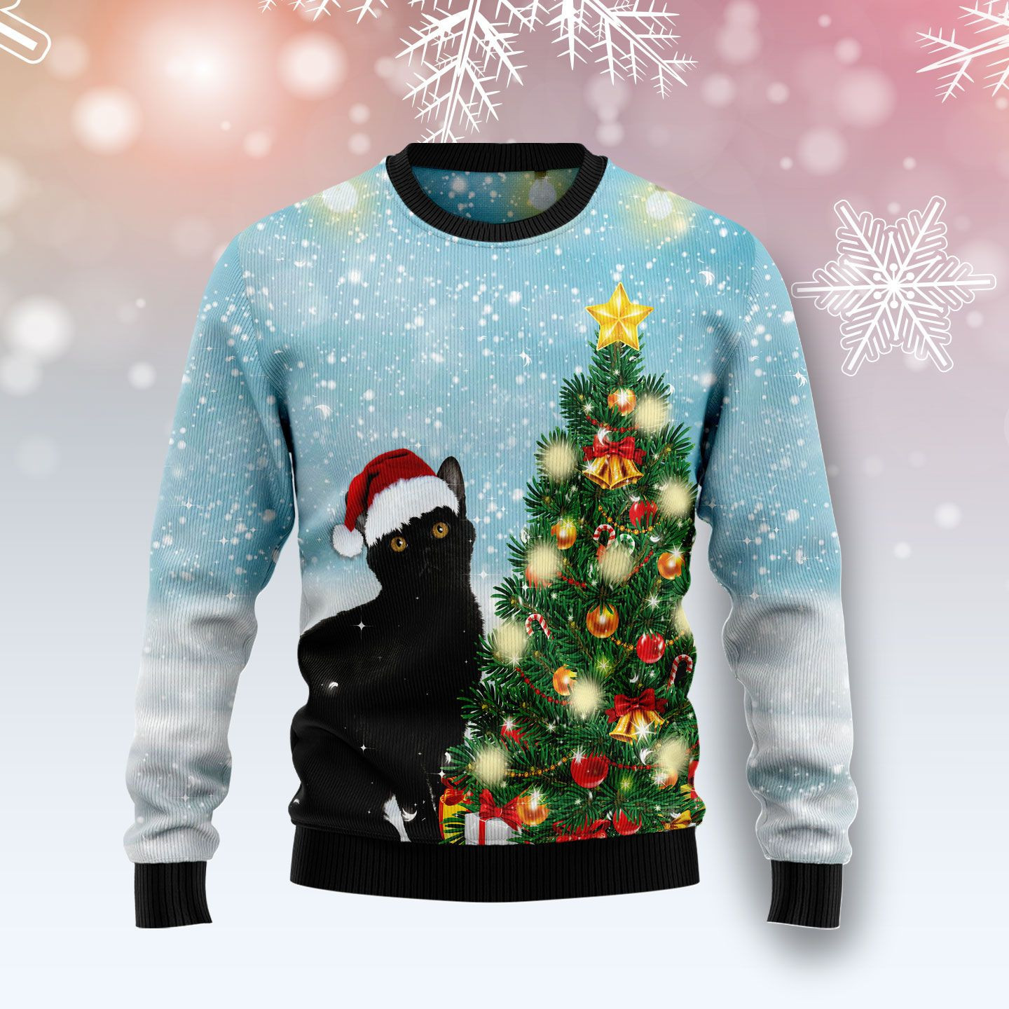 Black Cat Noel Tree Ugly Christmas Sweater Adult 3D Funny Matching for family