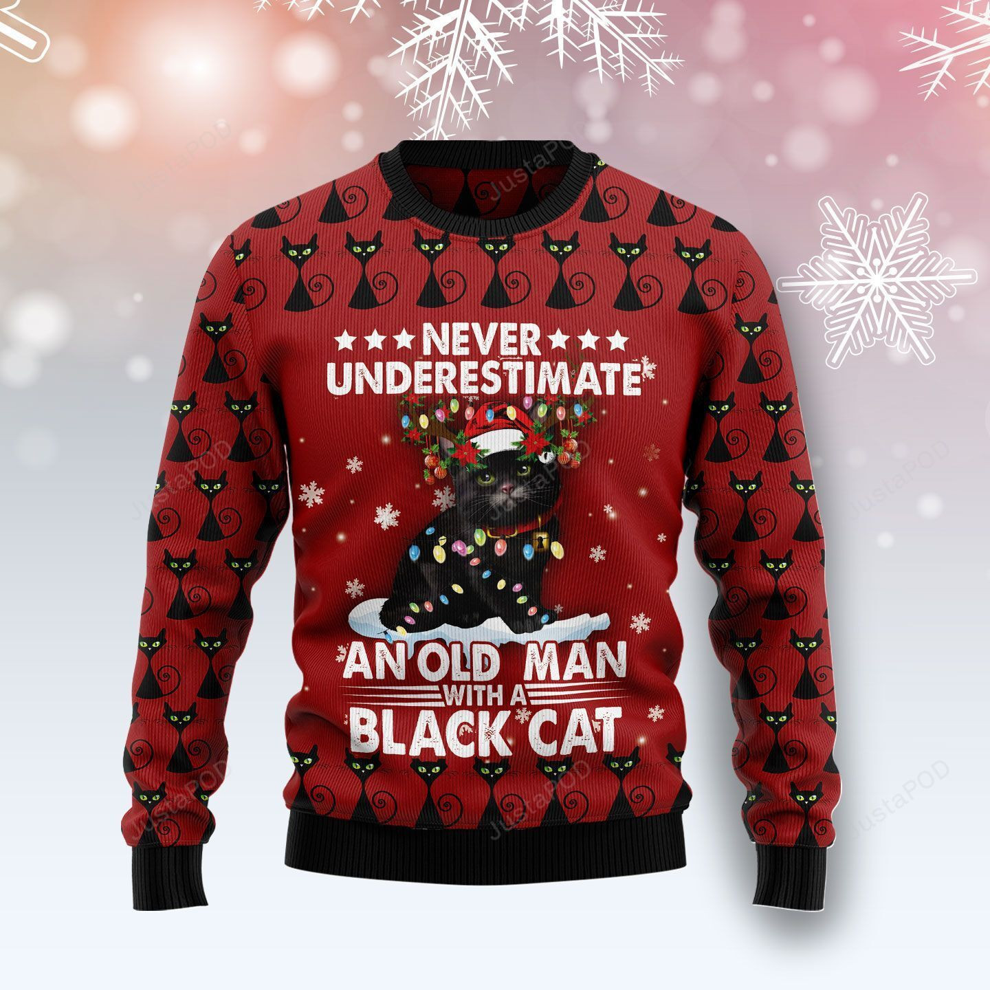 Black Cat Old Man Ugly Christmas Sweater Adult 3D Funny Matching for family