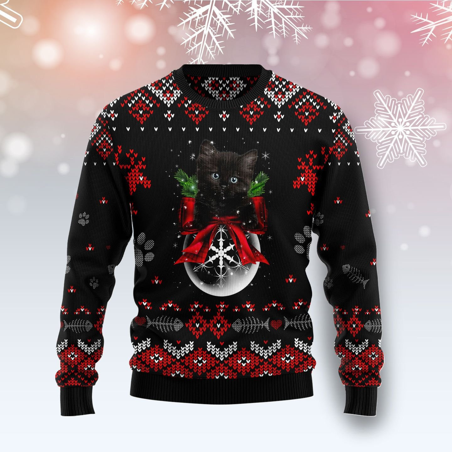 Black Cat Ornament Christmas Ugly Christmas Sweater Adult 3D Funny Matching for family