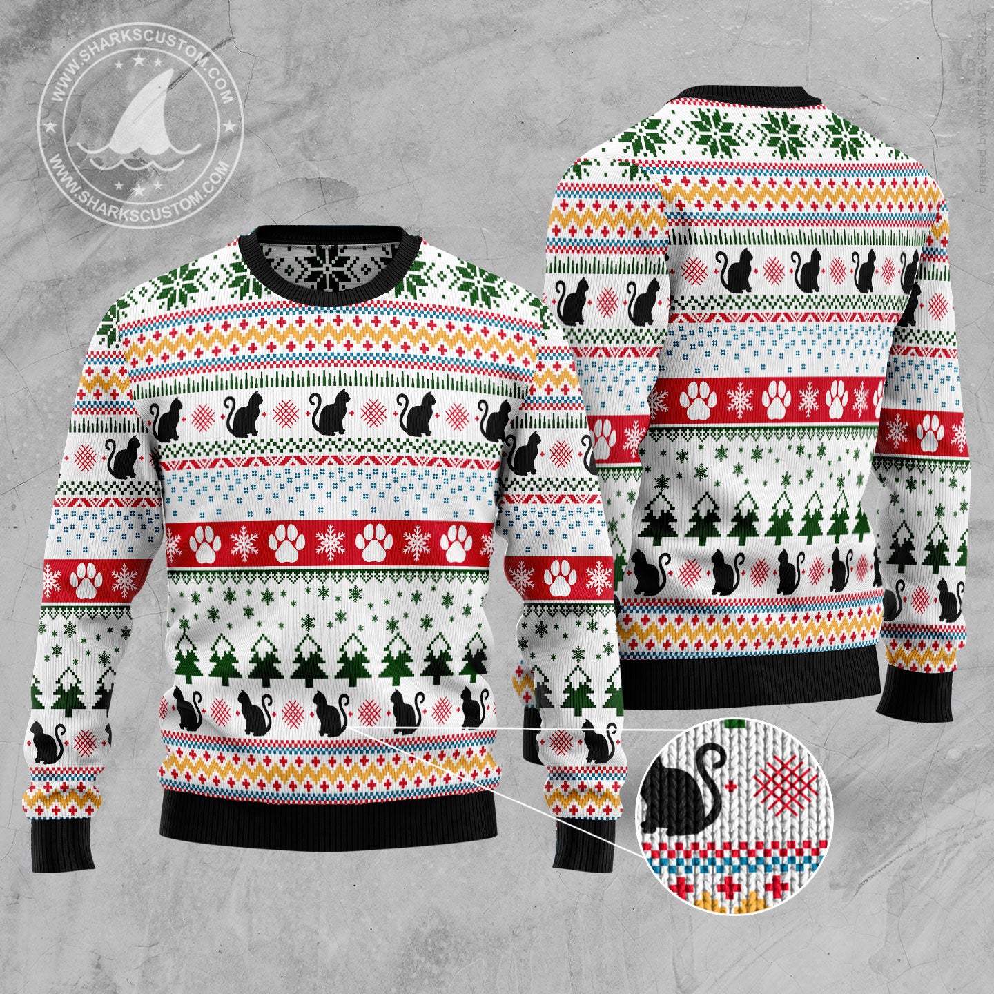 Black Cat Pattern Ugly Christmas Sweater - Image 3