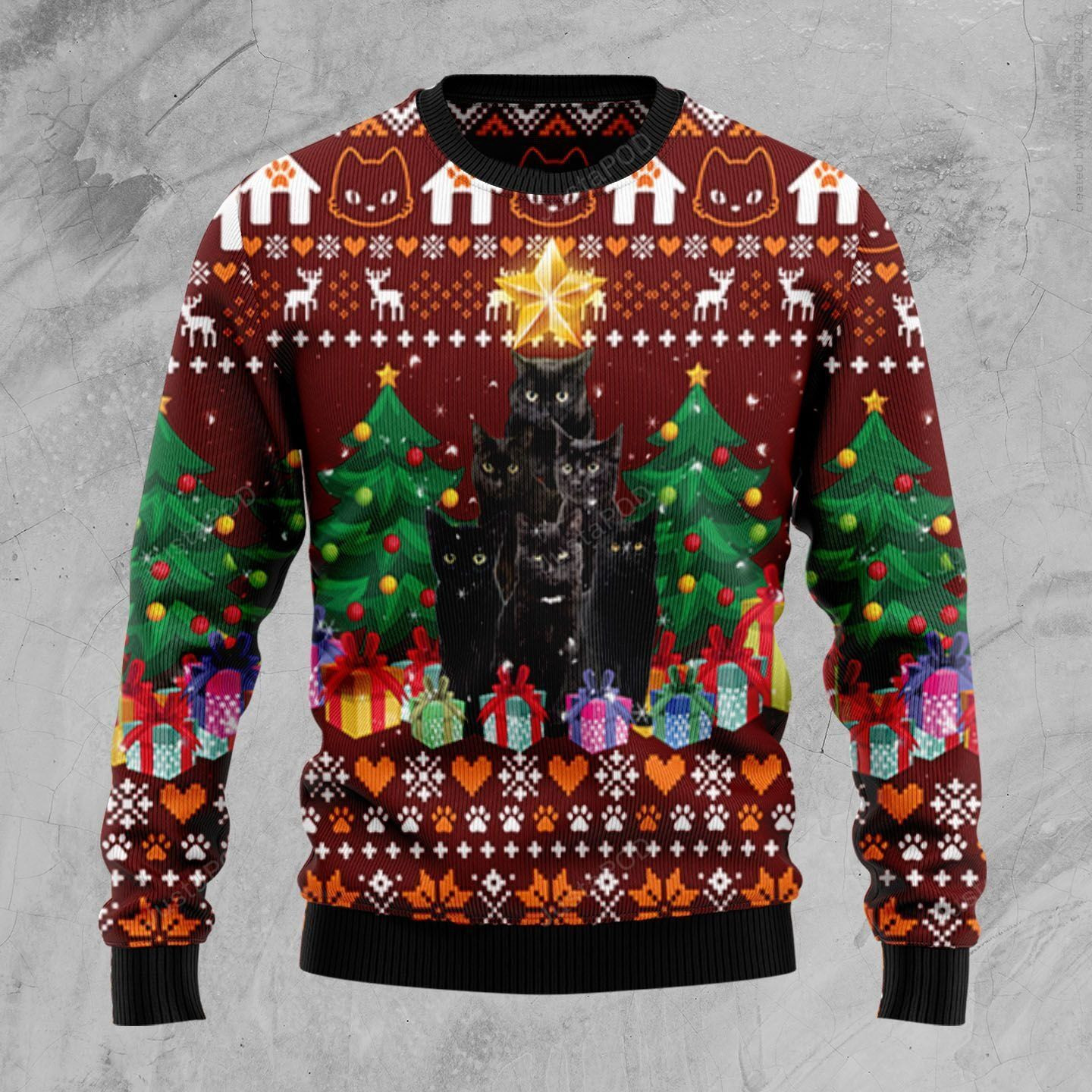 Black Cat Pine Tree Ugly Christmas Sweater Adult 3D Funny Matching for family