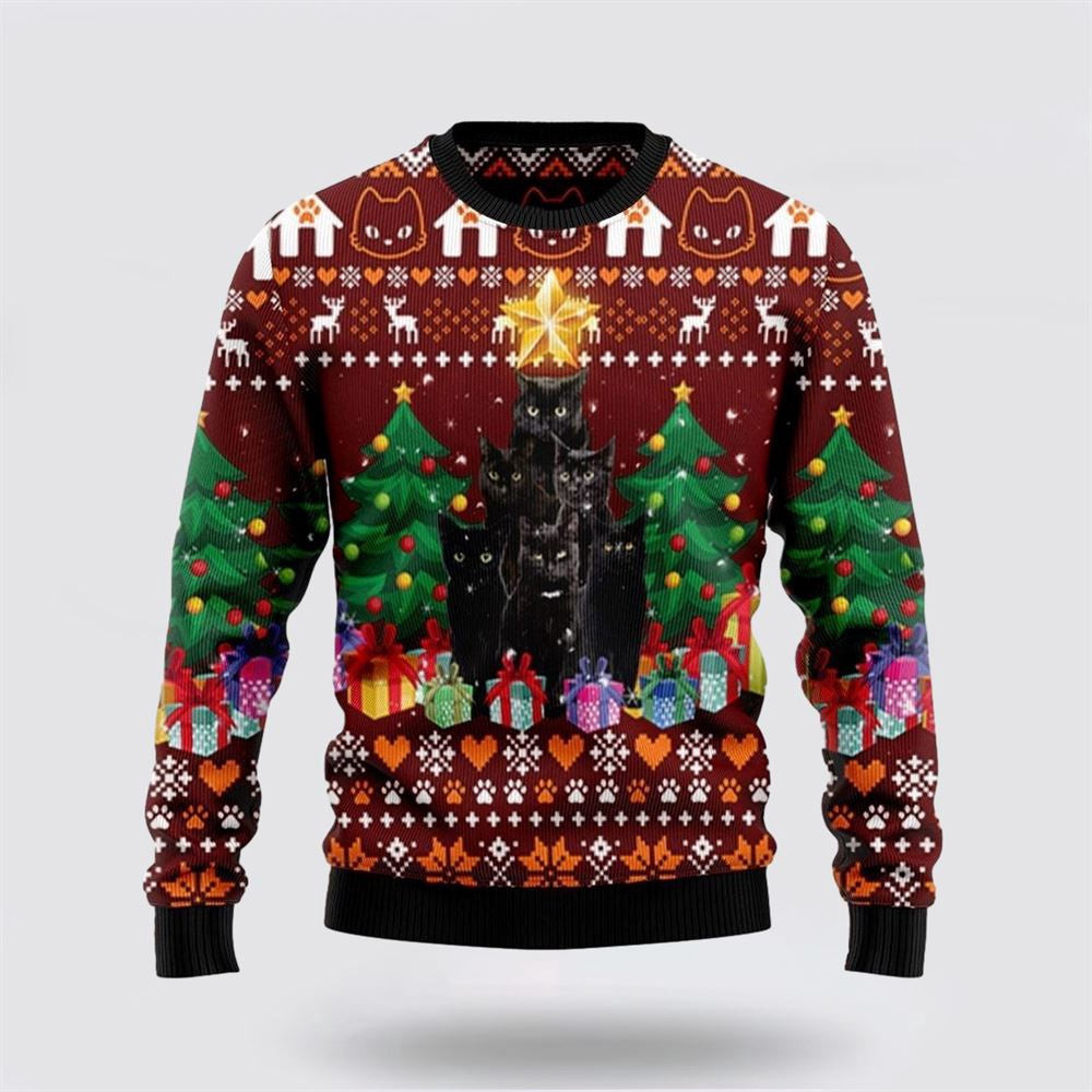 Black Cat Pine Tree Ugly Christmas Sweater Unisex Funny Christmas Sweater