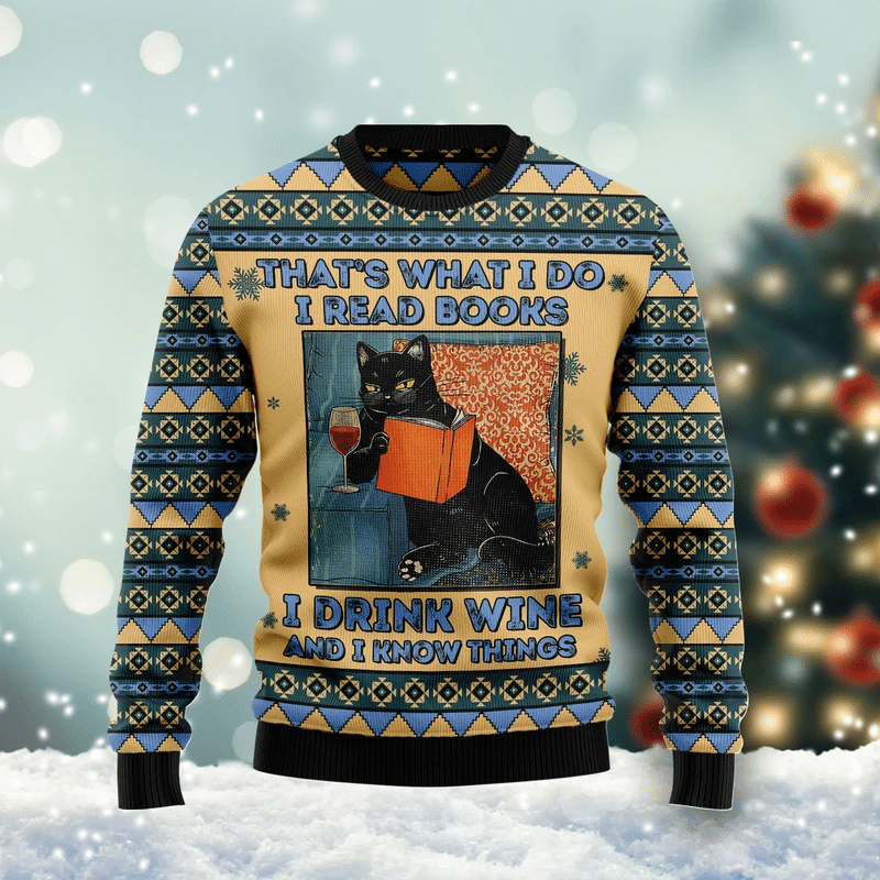Black Cat Read Books Drink Wine Know Things Ugly Christmas Sweater Adult 3D Funny Matching for family