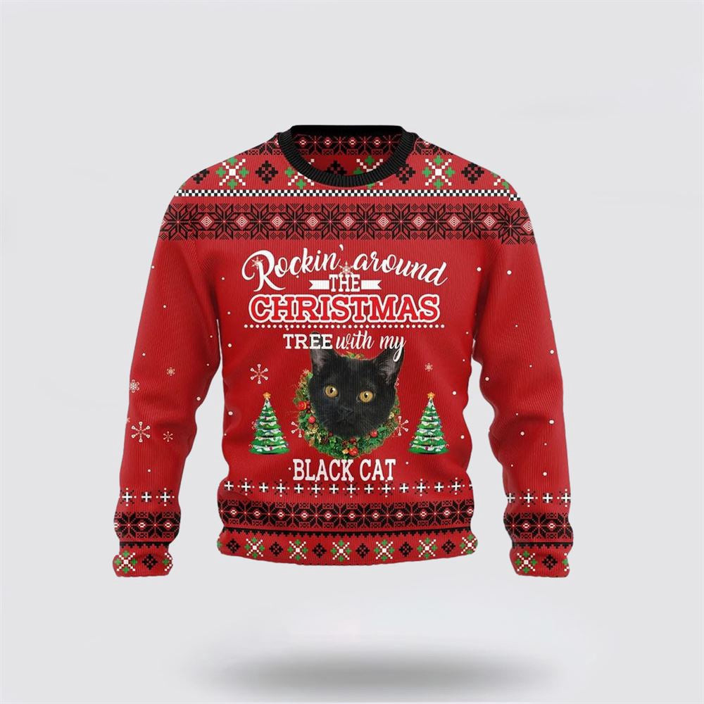Black Cat Rockin Funny Family Ugly Christmas Sweater Unisex