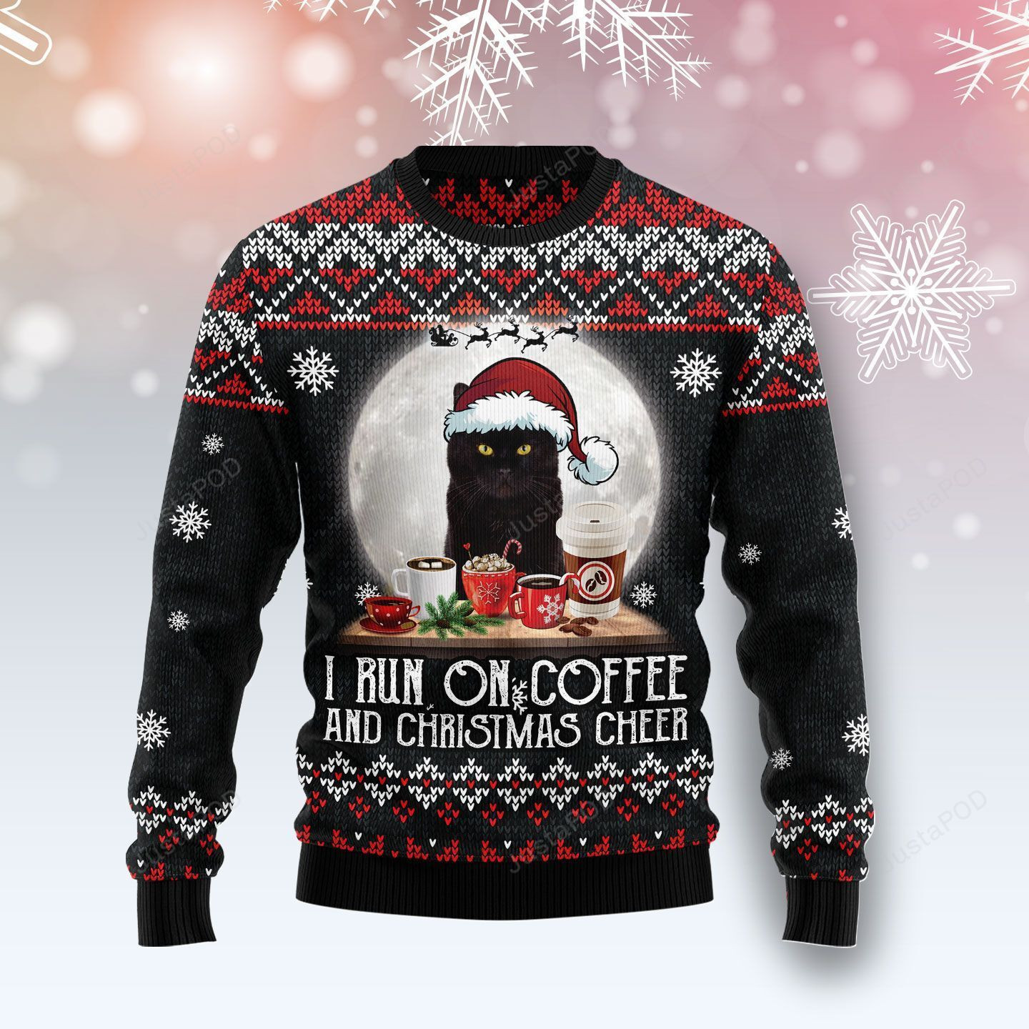 Black Cat Run On Coffee Ugly Christmas Sweater Adult 3D Funny Matching for family