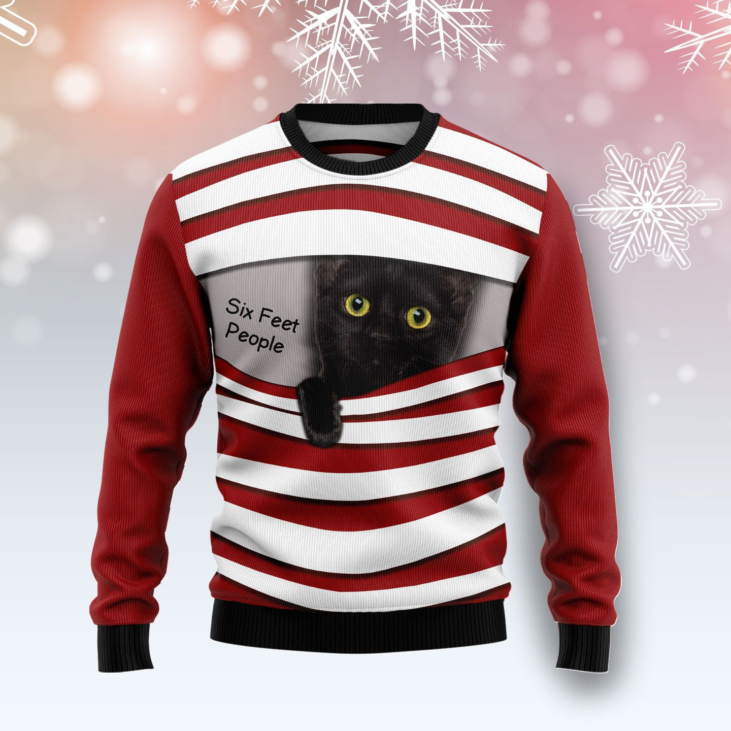 Black Cat Six Feet Ugly Christmas Sweater Adult 3D Funny Matching for family