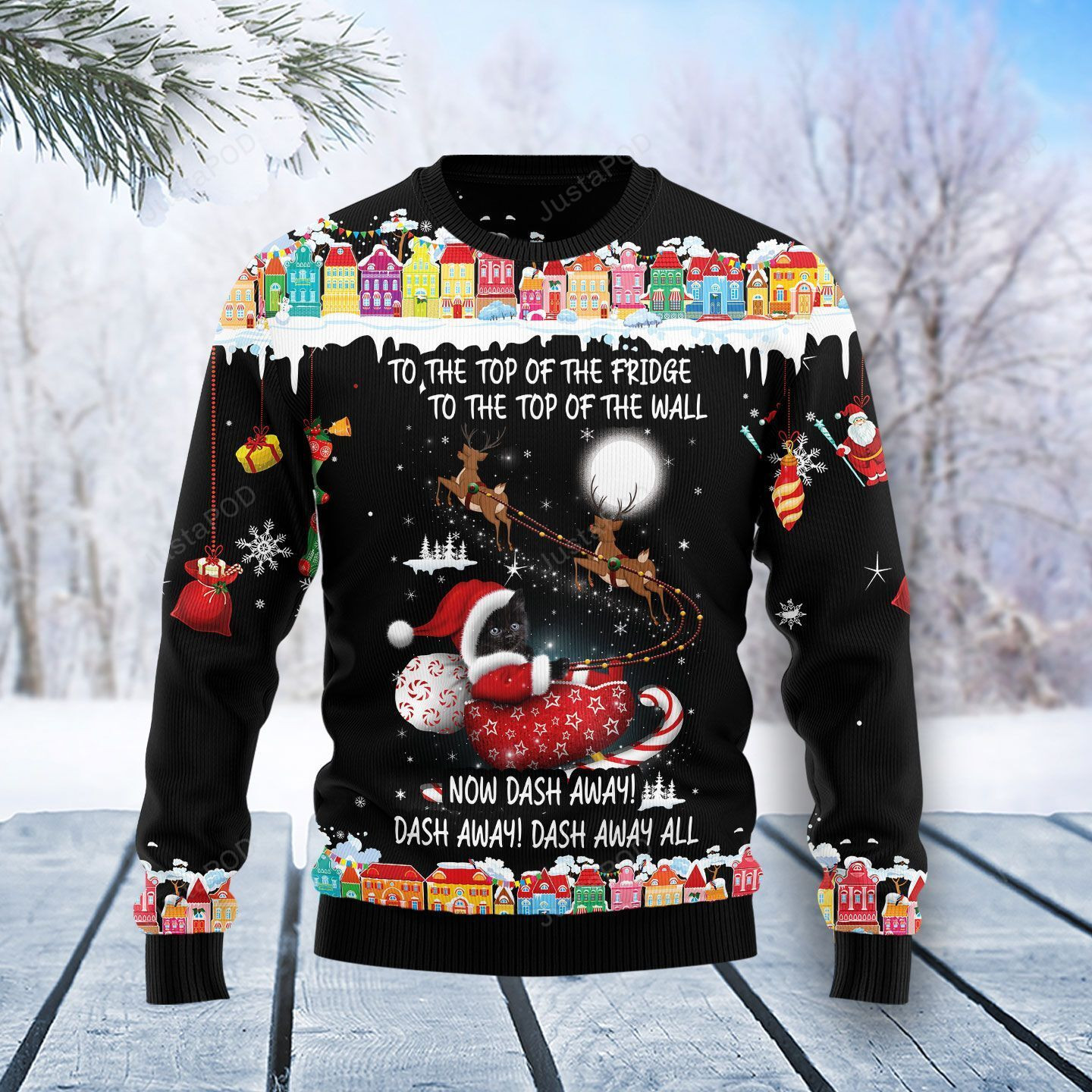 Black Cat Sleigh Christmas Ugly Christmas Sweater Adult 3D Funny Matching for family