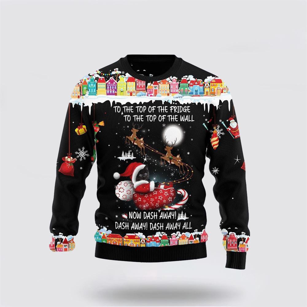 Black Cat Sleigh Christmas Ugly Christmas Sweater Unisex Funny Christmas Sweater