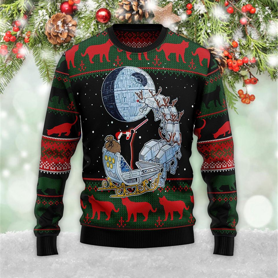 Black Cat Sleigh To Death Star Best 3D Sweater
