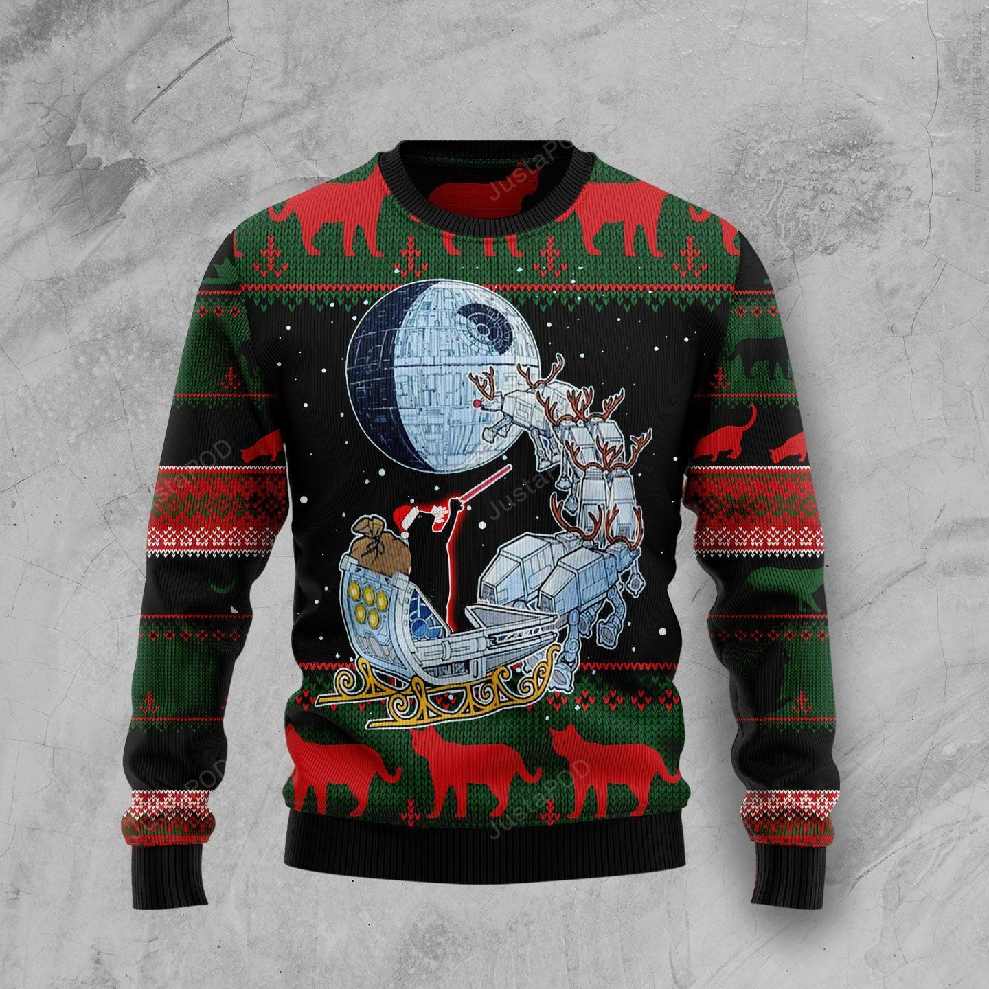 Black Cat Sleigh To Death Star Ugly Christmas Sweater Adult 3D Funny Matching for family