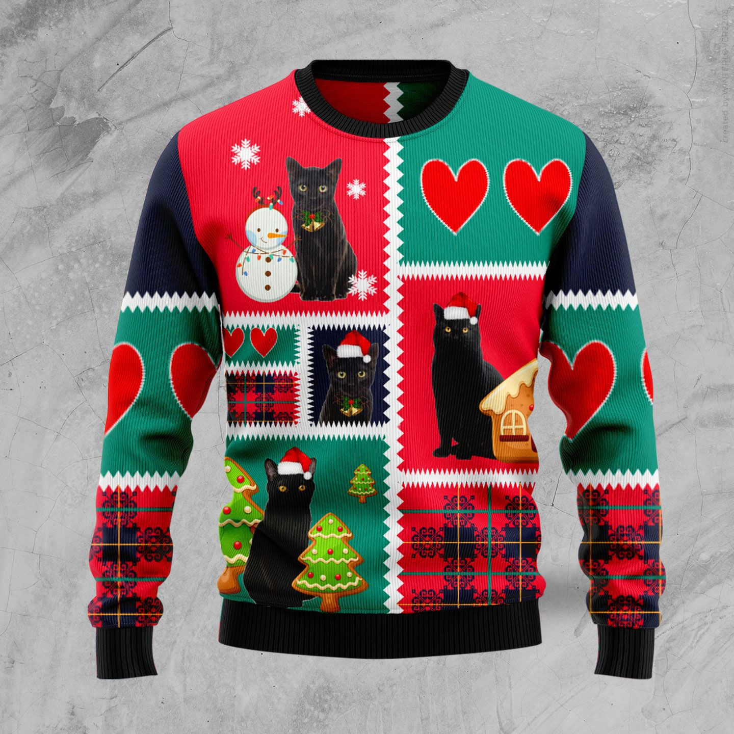 Black Cat Snow Ugly Christmas Sweater Adult 3D Funny Matching for family