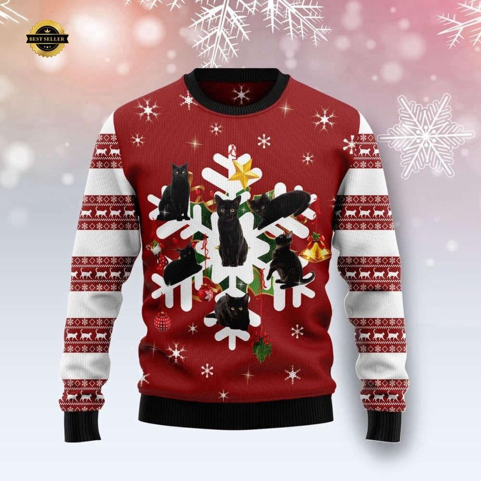 Black Cat Snowflake Christmas Sweater - Festive Ugly Knit Holiday Pullover