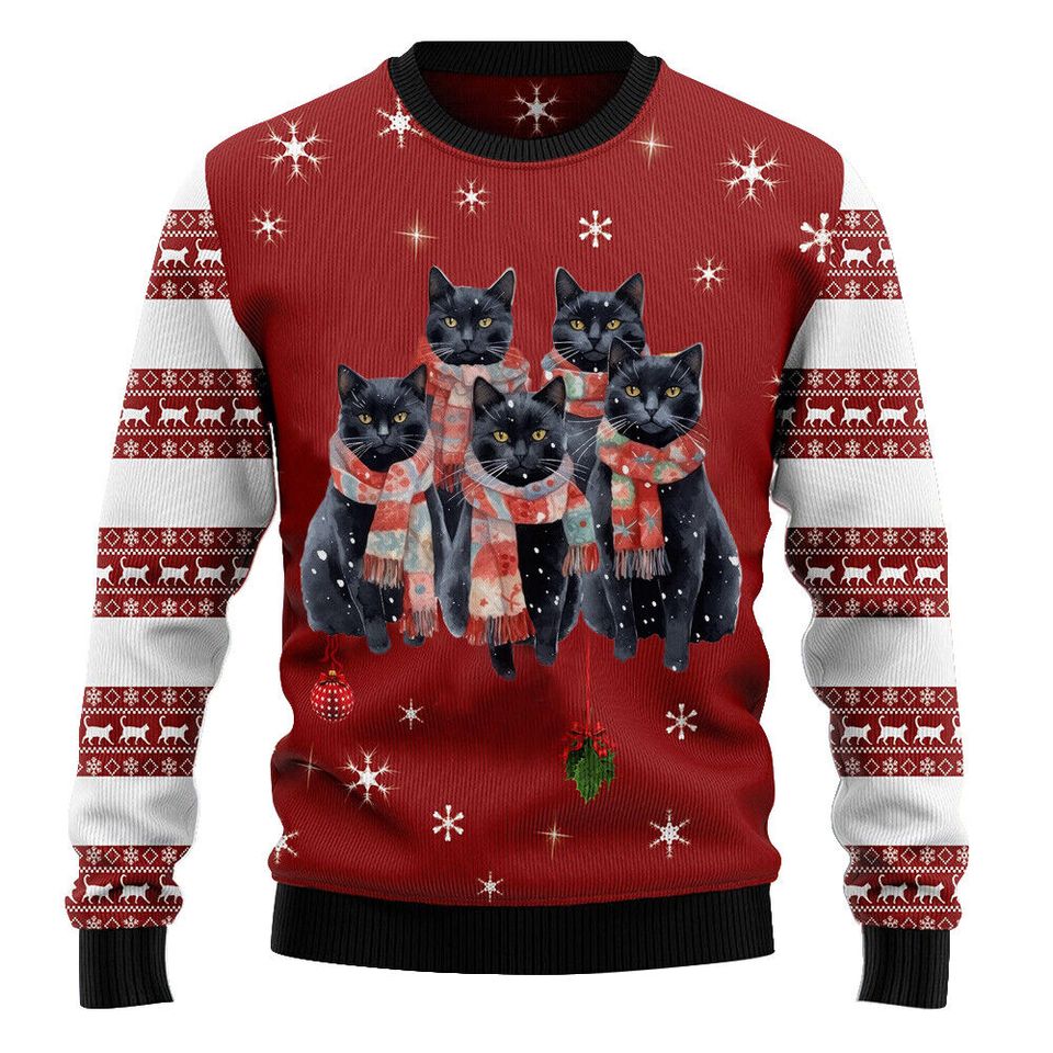 Black Cat Snowflake Merry Christmas Premium Sweater 3D Printed
