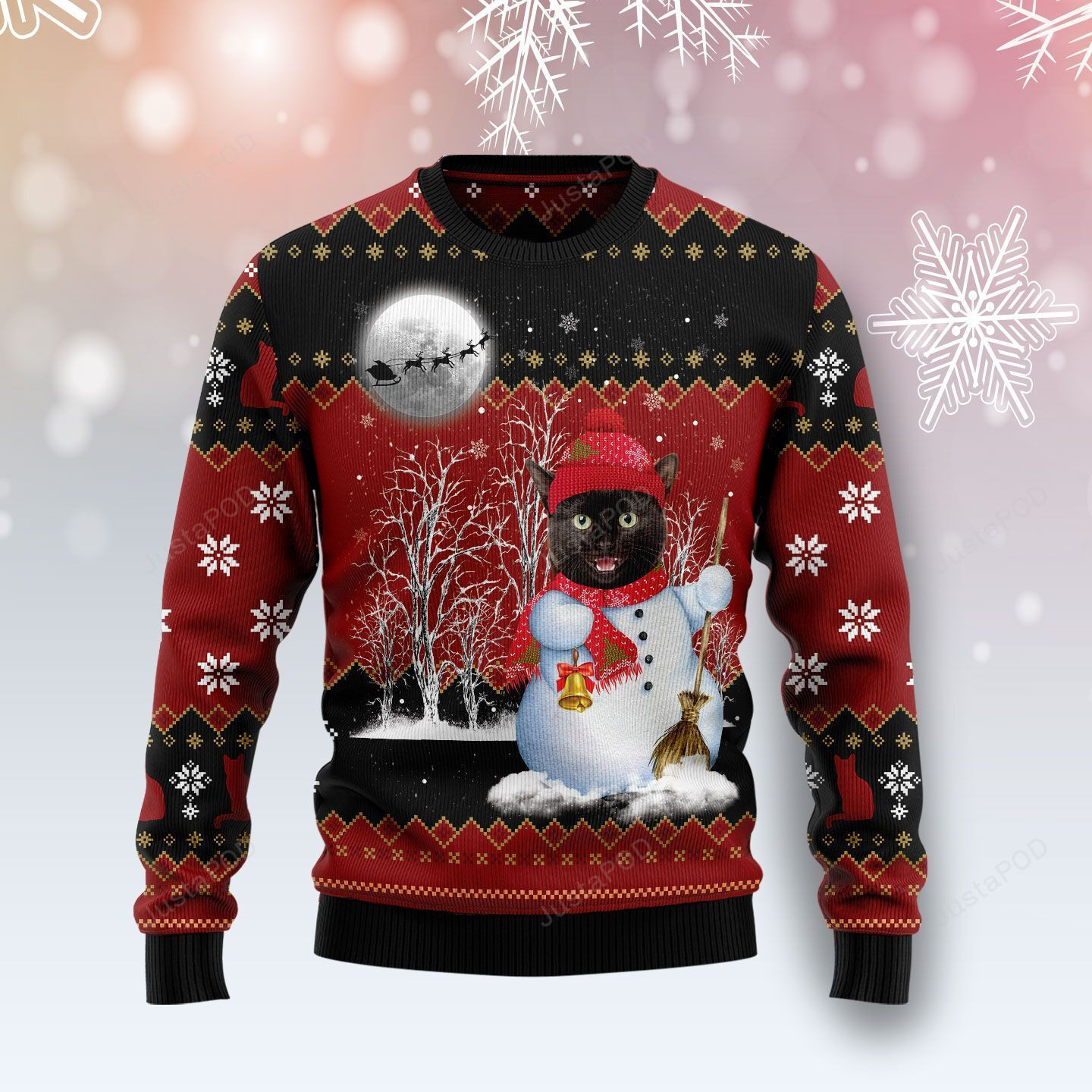 Black Cat Snowman Ugly Christmas Sweater Adult 3D Funny Matching for family