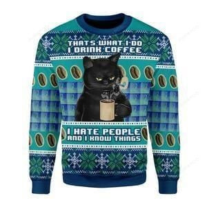 Black Cat That What I Do I Drink Coffee, I Hate People And I Know Things Ugly Christmas Sweater Adult 3D Funny Matching for family - Image 2