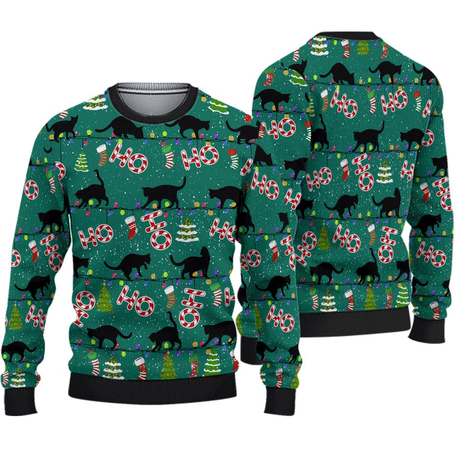 Black Cat Ugly Christmas Sweater, Cat Christmas Lights Sweater